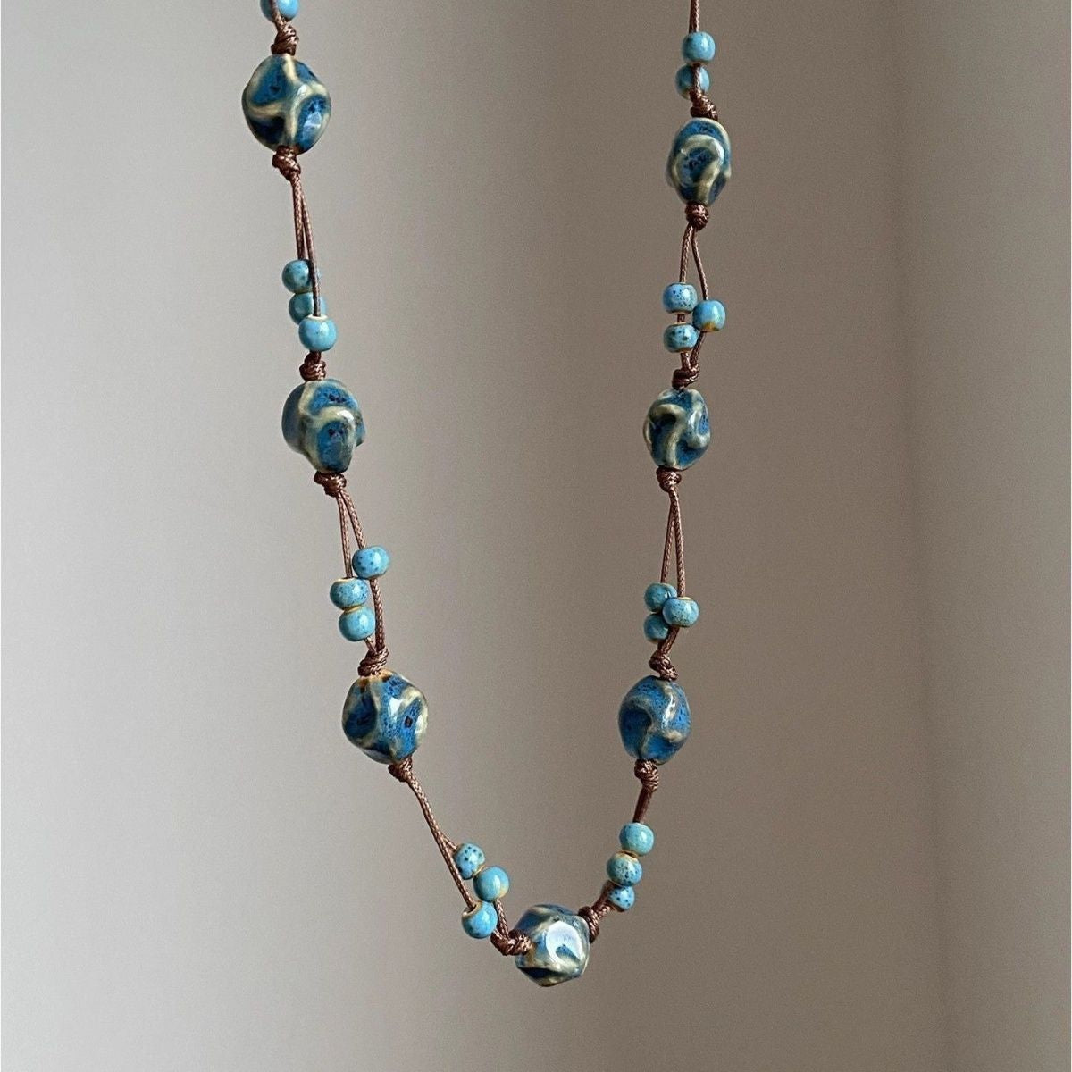 Blue Ceramic Beaded Irregular Bohemian Niche Unique Temperament Wild Sweater Necklace
