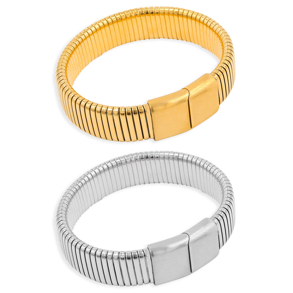 Decorative Stainless Steel Finishing Polish Magnetic Snap Elastic Wide Surface Bracelets