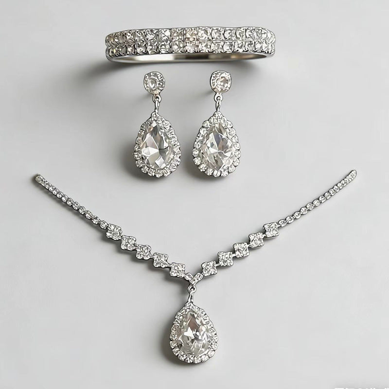 Simple Exquisite Three-piece Full Diamond Clavicle Dinner Jewelry Set