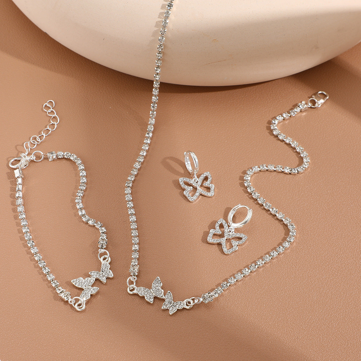 Women's Sweet Diamond Mounted Butterfly Light Luxury High-grade Bright Jewelry Set