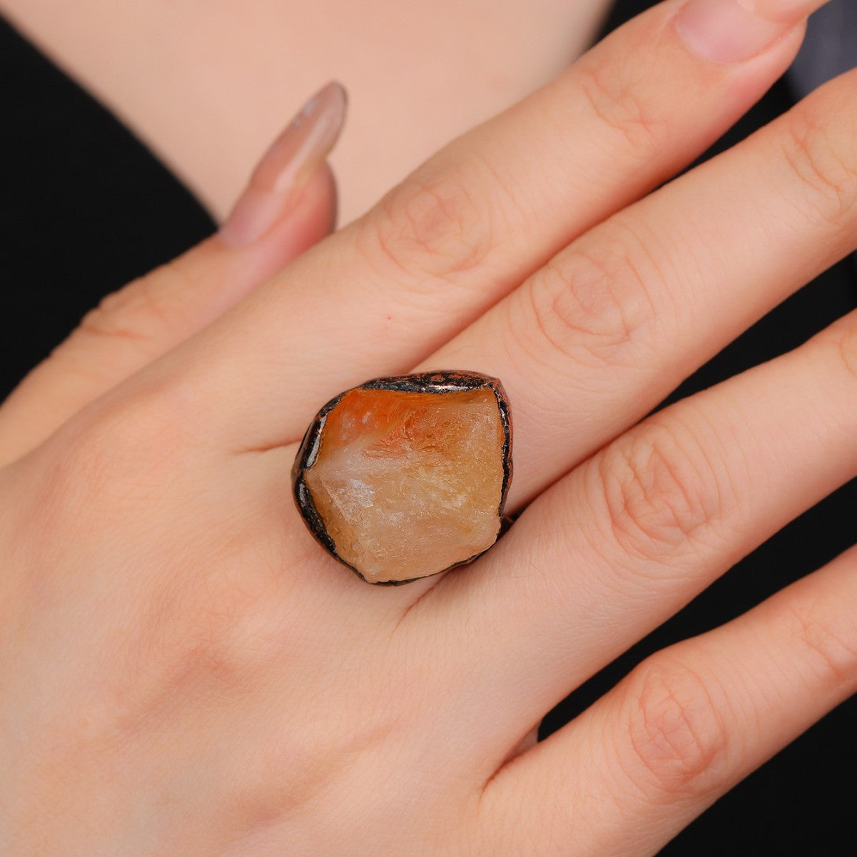 Style Natural Citrine Rough Stone Unshaped Open Bronze Plating Adjustable Ring