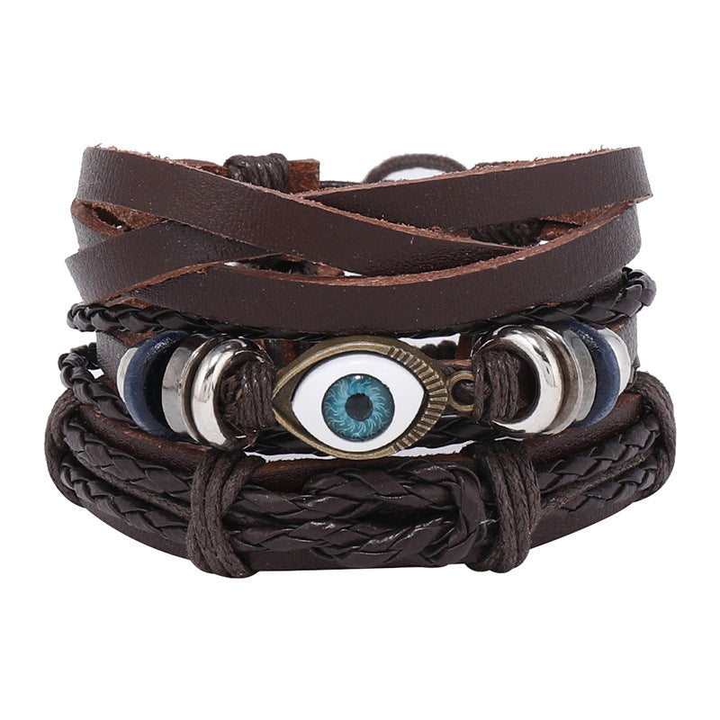 Men's Woven Eyes Leather Three-piece Set Layered Bracelets