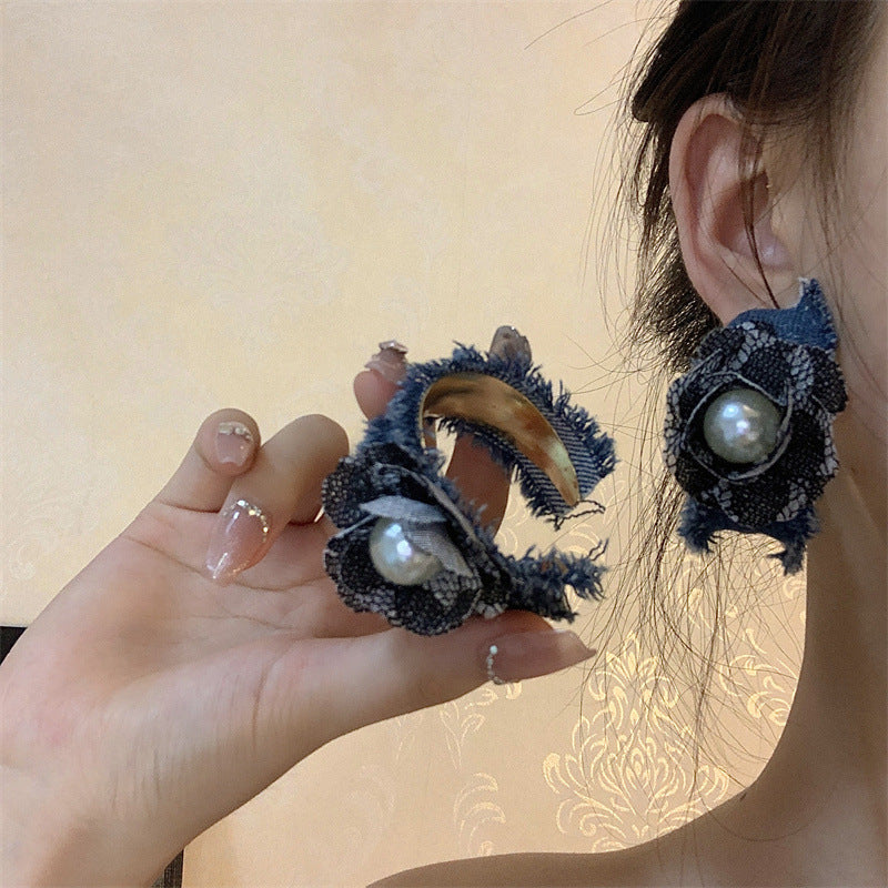 Boucles d'oreilles à fleurs en Denim, tempérament de niche tendance