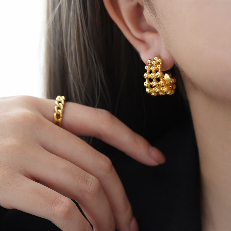 Hop Style Steel Ball Stitching Mesh Design Earrings