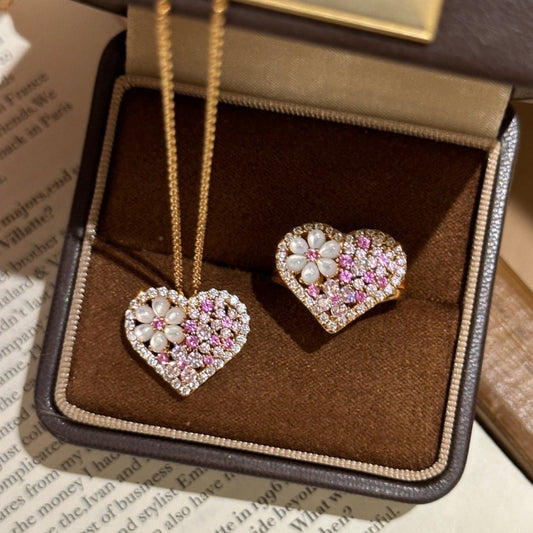 Gold Sense Pink Diamond Zircon Flower Heart Clavicle Chain Female Necklace