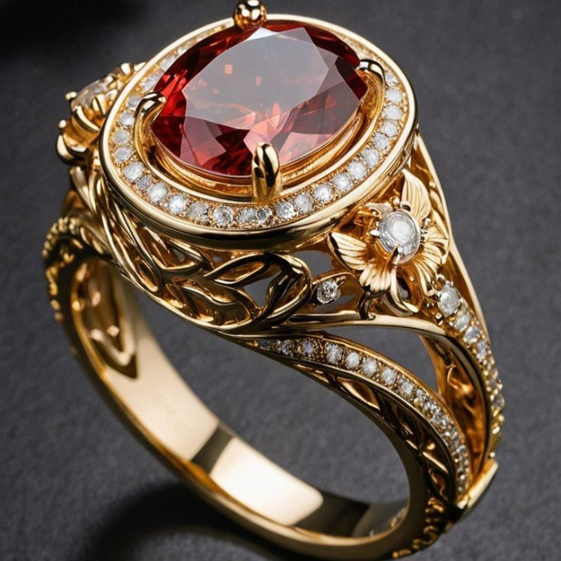 Women's Korean Style Fashionable Round Inlaid Red Rings