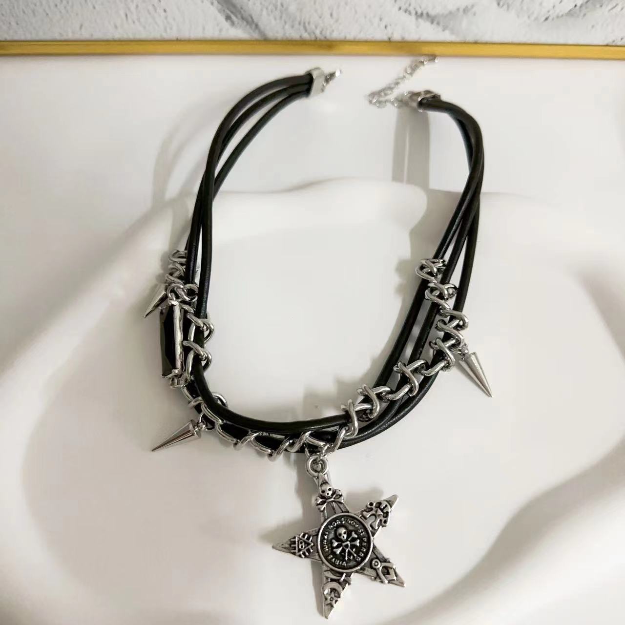 Star Teeth Leather Rope Twin Clavicle Necklaces