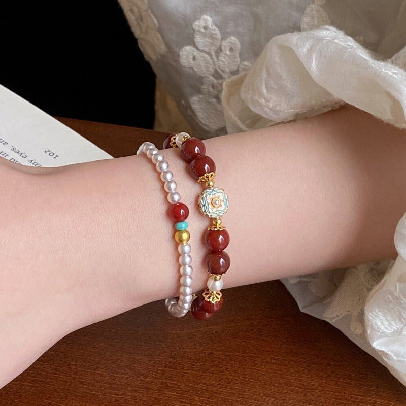Women's South Red Agate Pearl Light Luxury Minority High-grade Twin Fashion Bracelet