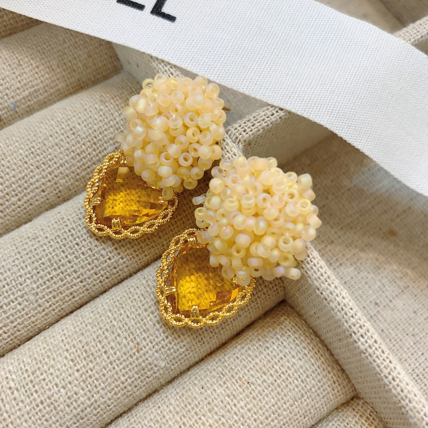 Handmade Beaded Flower Fresh Gentle Yellow Heart Earrings