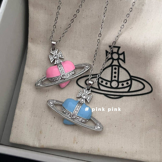 Saturn Niche Design Enamel Love Pendant Necklaces