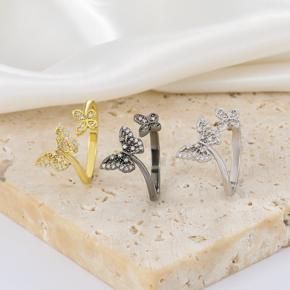 Simple Butterfly Female Graceful Personality Copper Diamond Geometric Open Index Rings