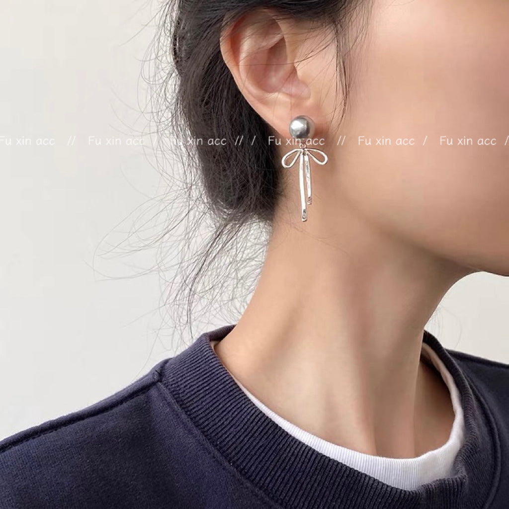 Bowknot Gray Pearl Female Temperament Small Long Tassel Earrings