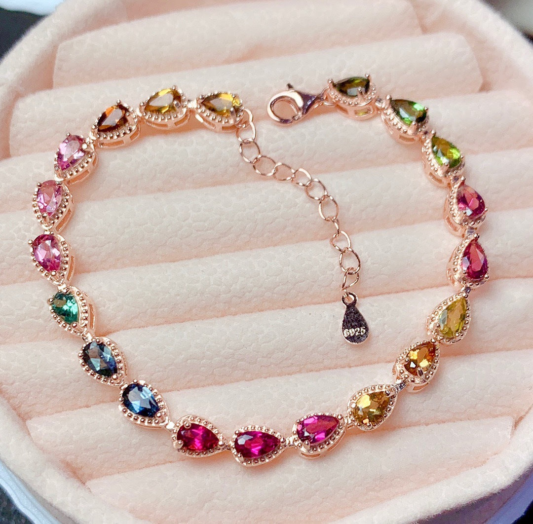 Women's Natural Candy Tourmaline Fashion Sier Plated Bracelets