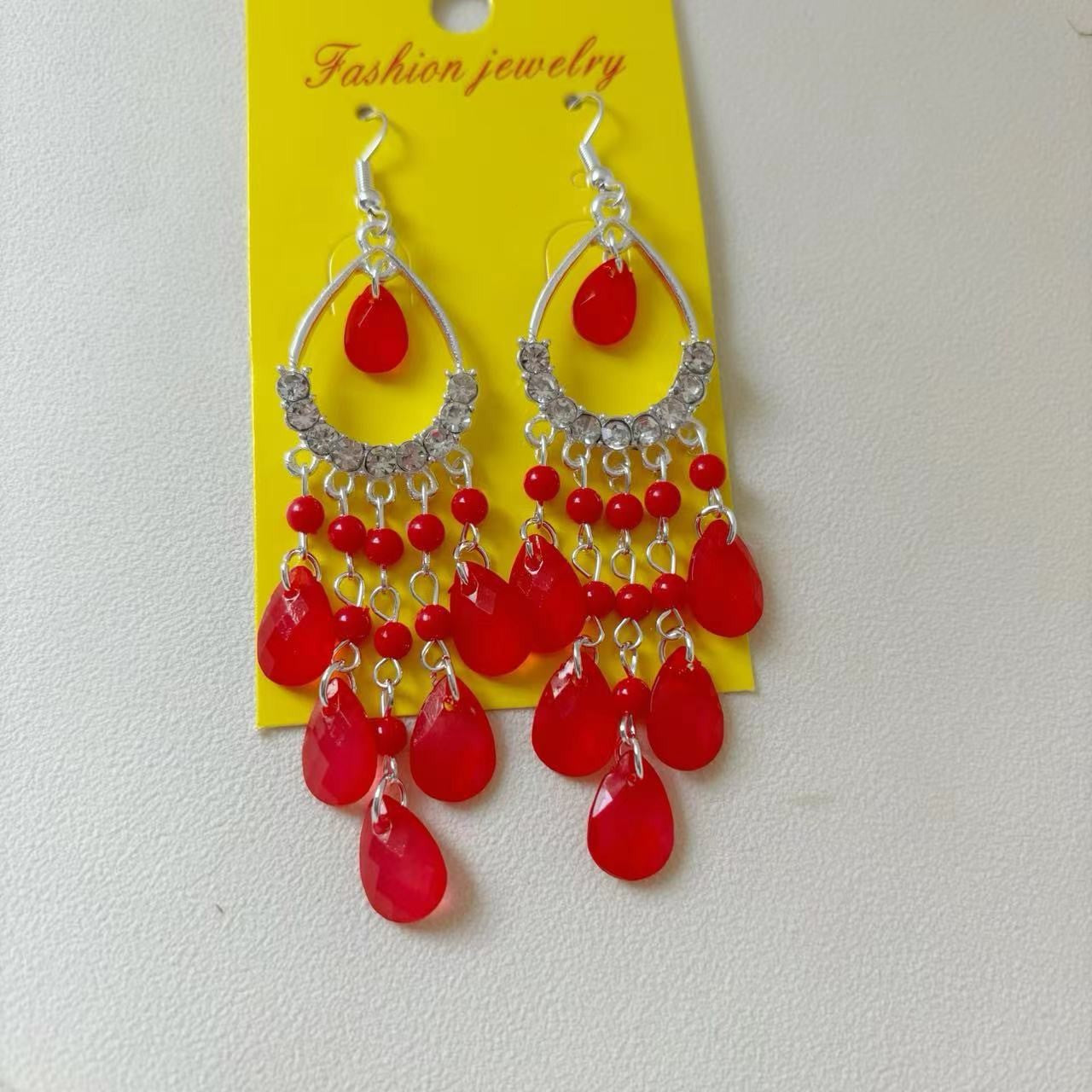 Ethnic Style Tassel Long Bohemian Crystal Yunnan Summer Earrings