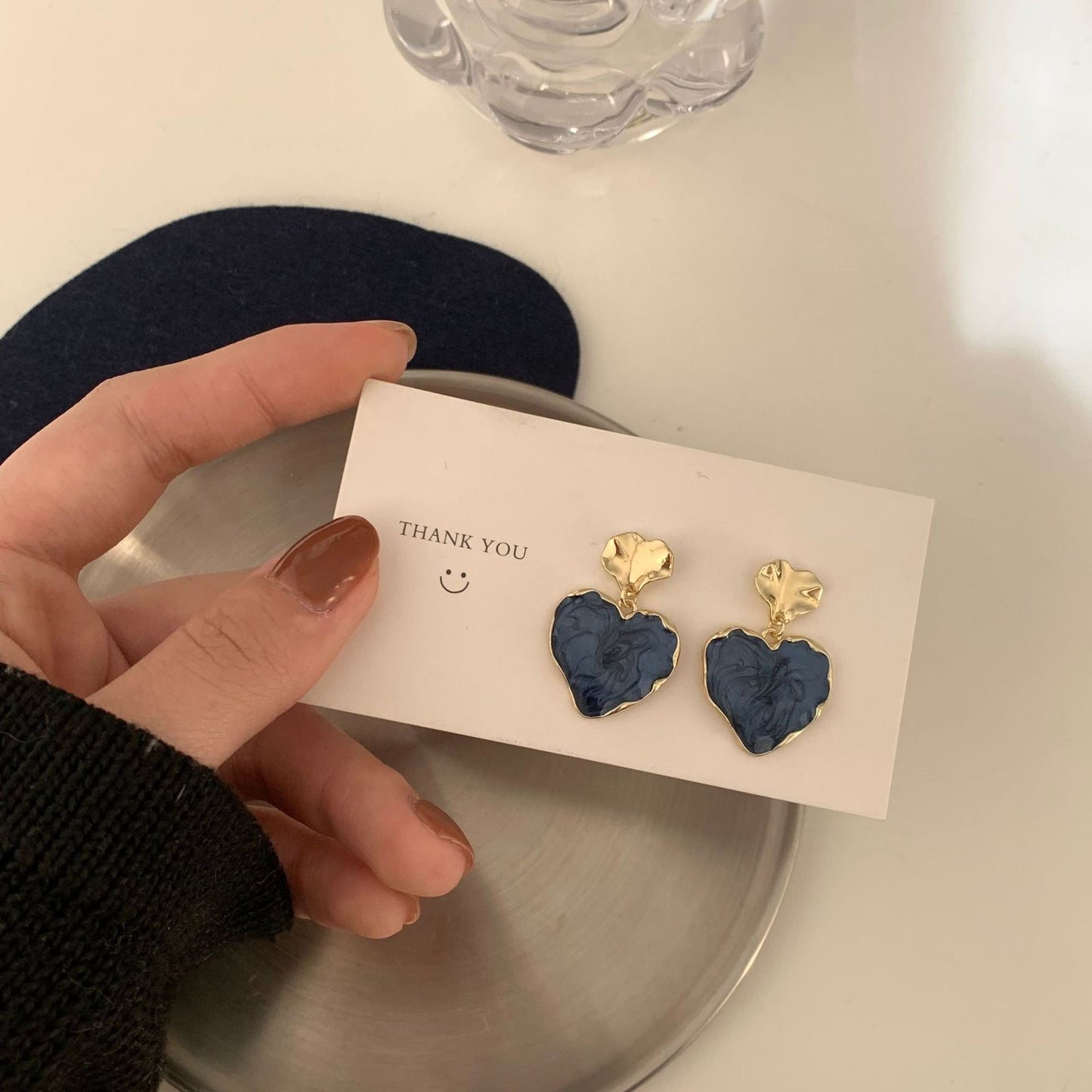 Sier Needle Drop Oil Haze Blue Heart-shaped Earrings