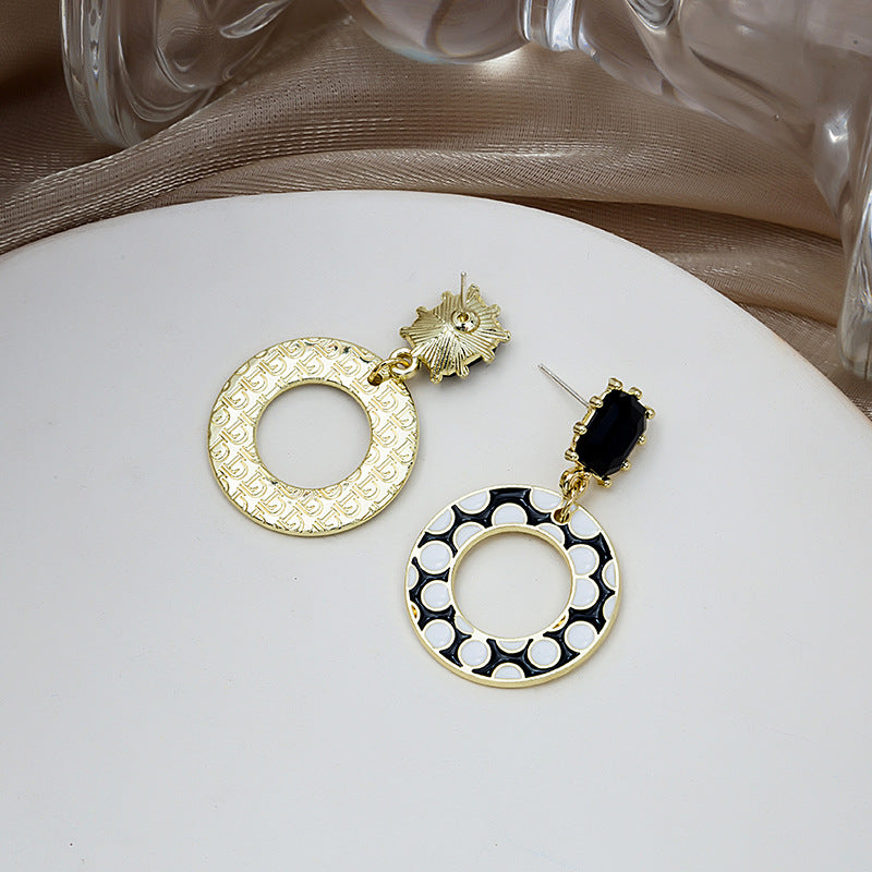 Sier Needle Black And White Polka Dot Drop Earrings