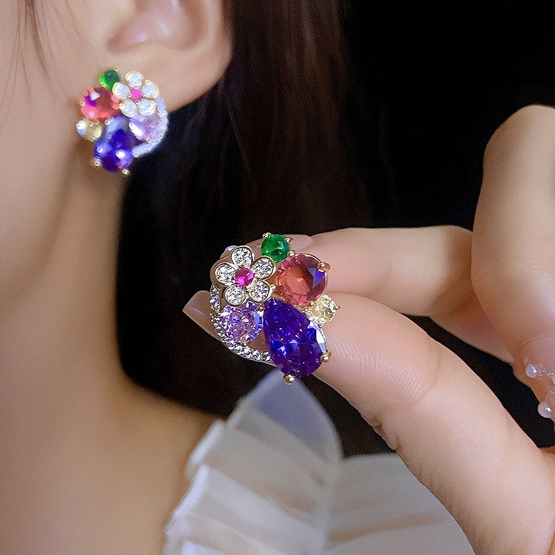 Sier Needle Dignified Flowers Colorful Exquisite Earrings