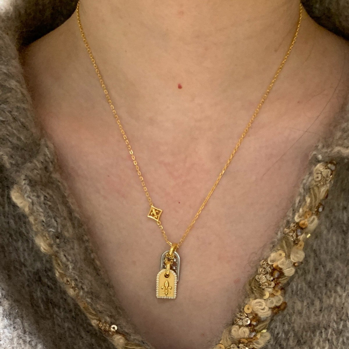 Tranquility Peace Plate Flower-de-luce Tag Red Sweater Necklaces