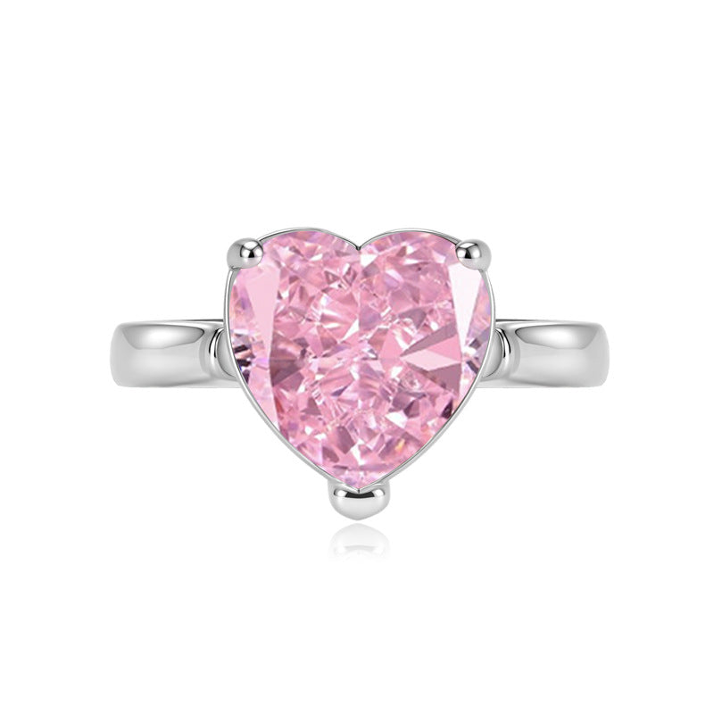 Live Pink Heart-shaped Navy Blue High Carbon Diamond Ice Flower Ring