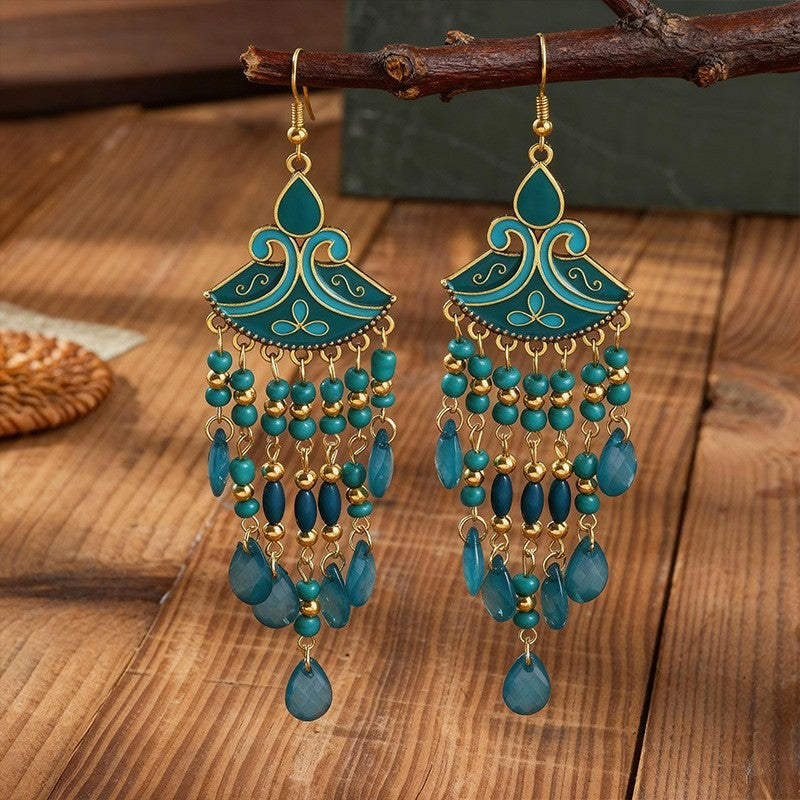 Ethnic Style Tassel Long Bohemian Crystal Yunnan Summer Earrings