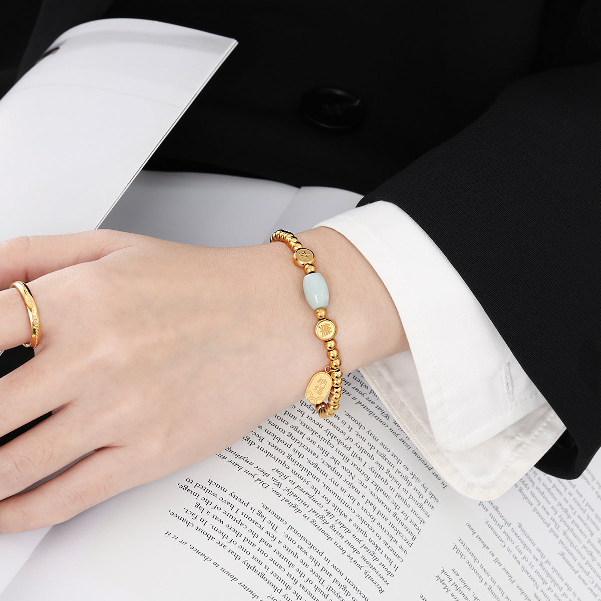 Ethnic Style Simple Natural Jade Elastic String Female Unique Gold-plated Bracelet