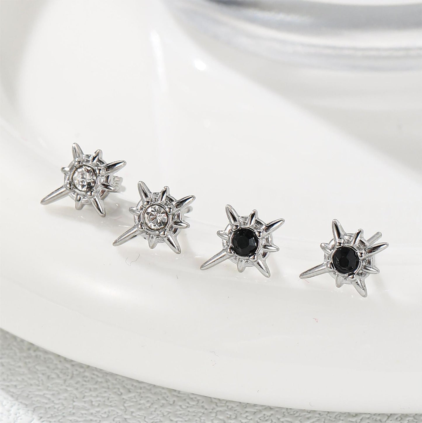 Women's & Men's Black White Titanium Steel Eight Awn Star Inlaid Zircon Rings