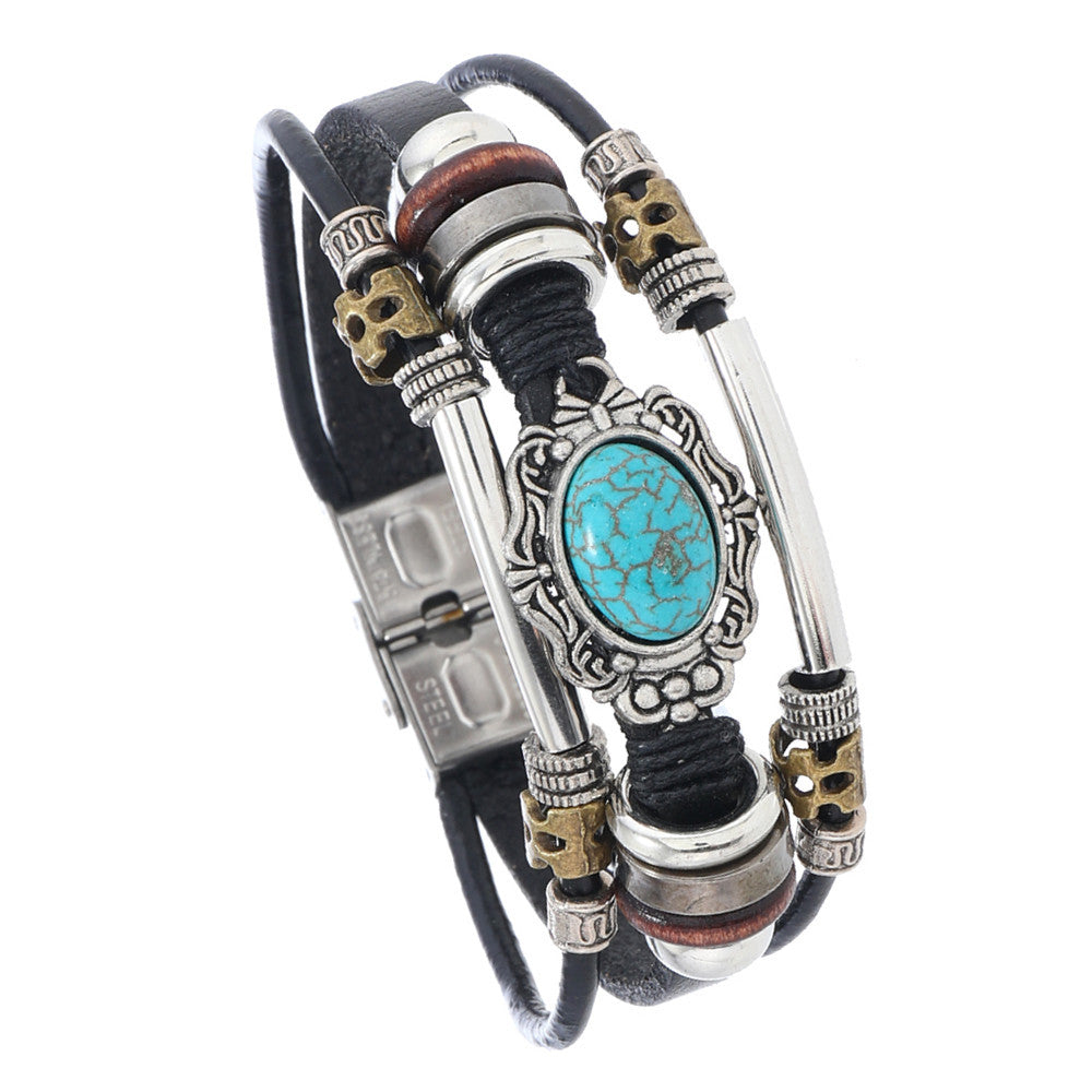 Bracelets en acier inoxydable turquoise de style bohème en cuir perlé pour hommes