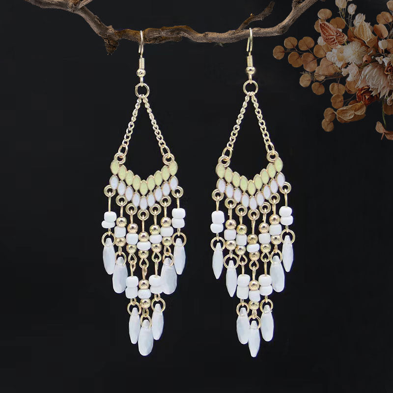 Ethnic Style High-grade Long Beaded Drop Tassel Bohemian Earrings