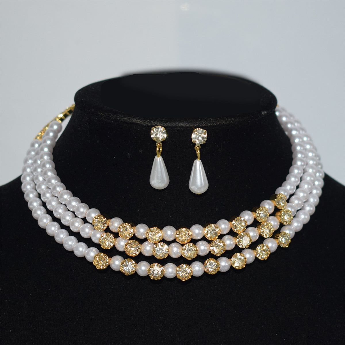 Pearl Diamond Collar Bridal Rhinestone Three-piece Jewelry Set