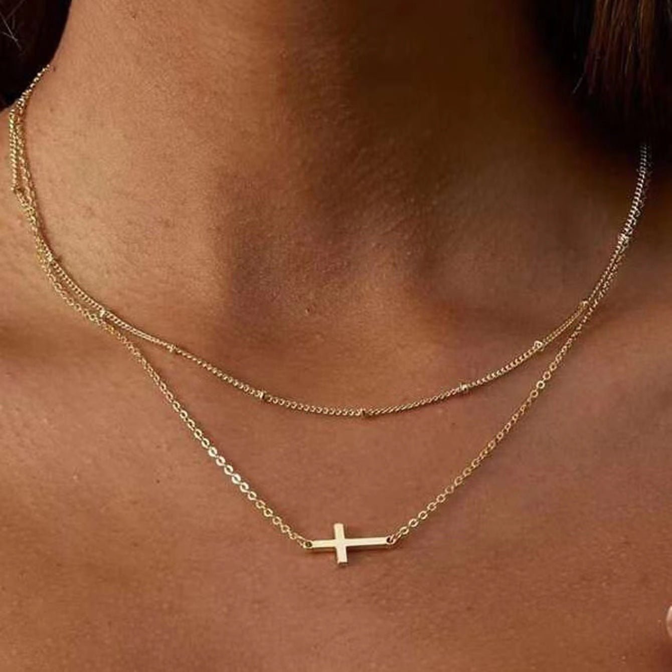 Women's Accessories Clip Beads Cross Short Gold-plated Necklaces