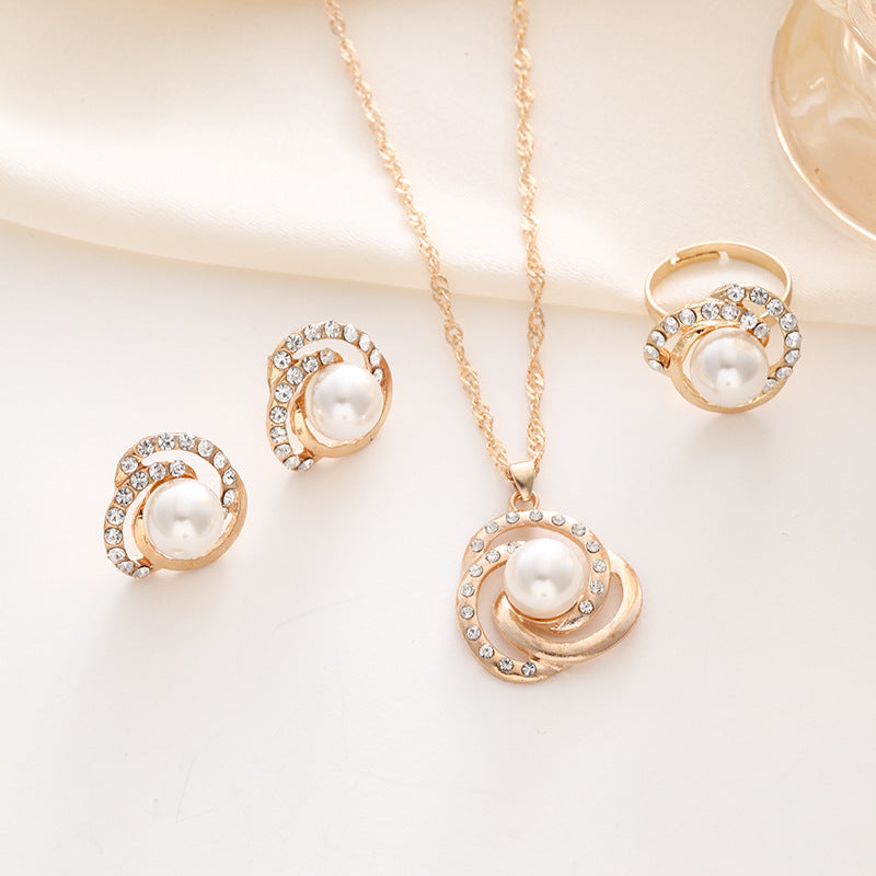 Women's Luxury Fashion Simple Diamond Flower Pearl Jewelry Set