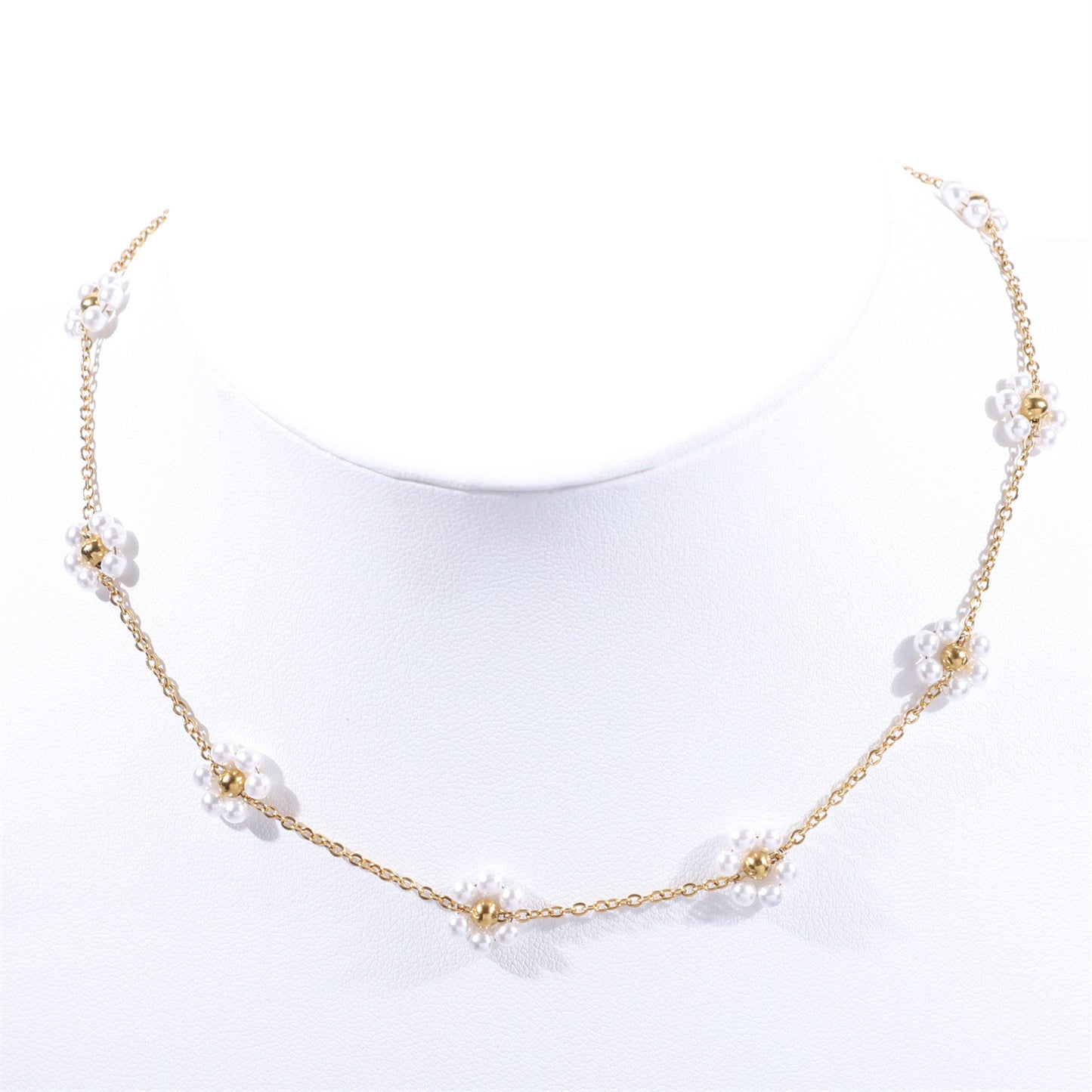 Women's Color Crystal Flowers Pearl Flower Stainless Steel Design Style Necklace