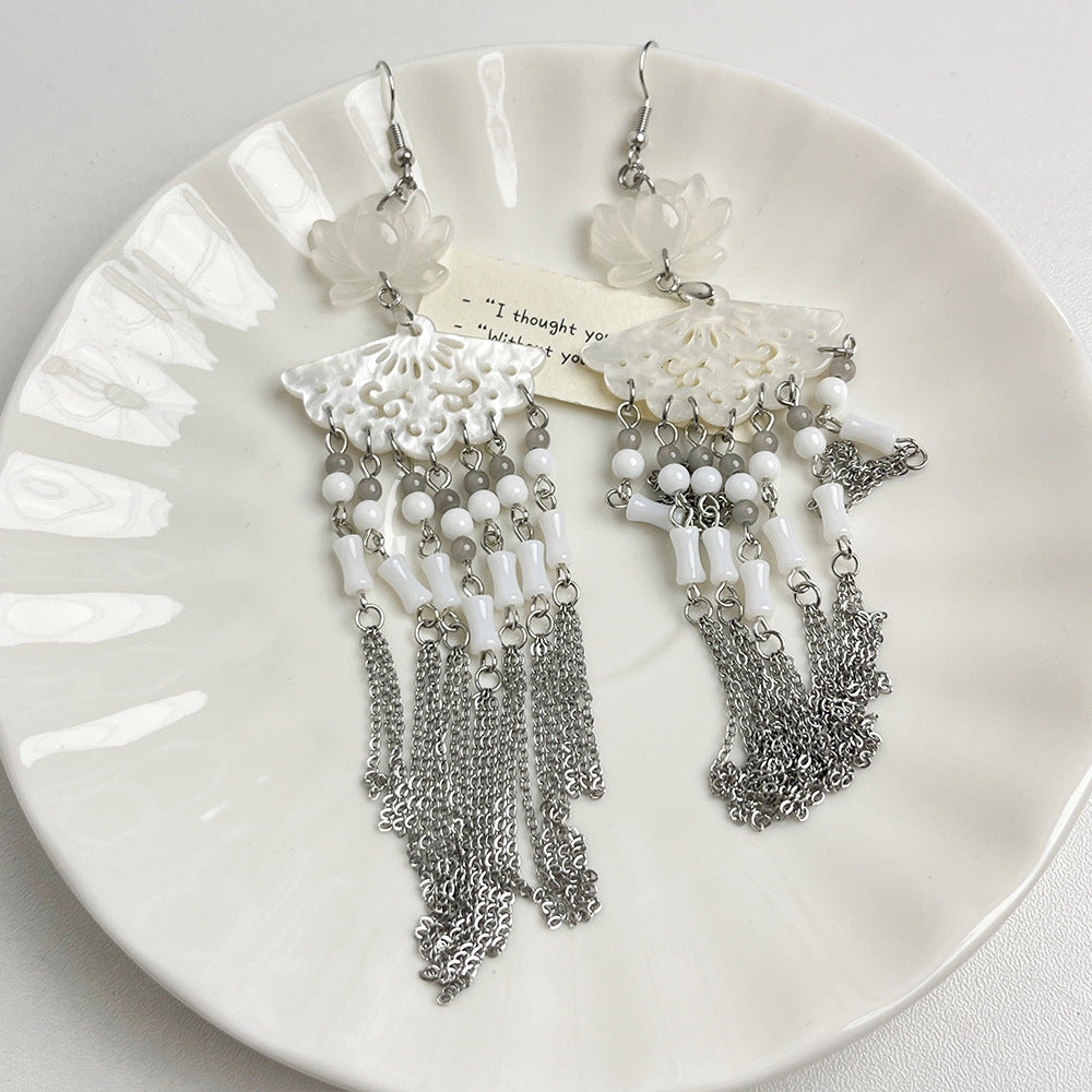 Women's Style Natural Lotus Jade Hollow Out Fan Beaded Tassel Ancient Earrings