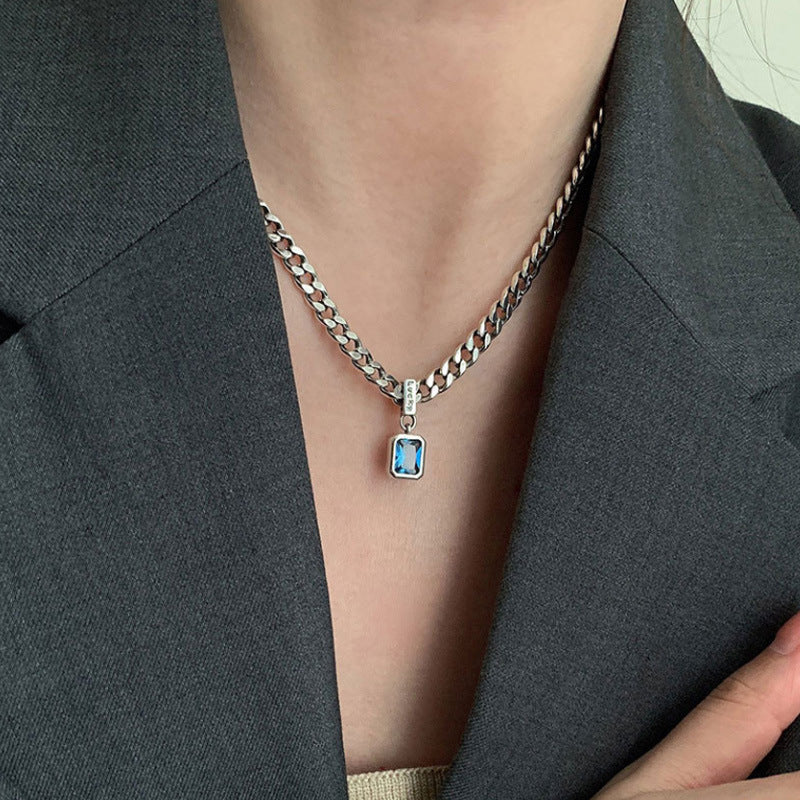 Gulf Navy Blue Zircon With Diamond Thick Necklaces