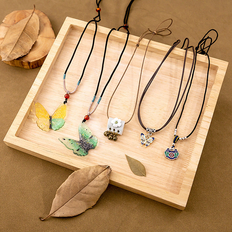 Women's Chinese Ethnic Style Butterfly Vintage Ceramic Flower Bell Necklaces