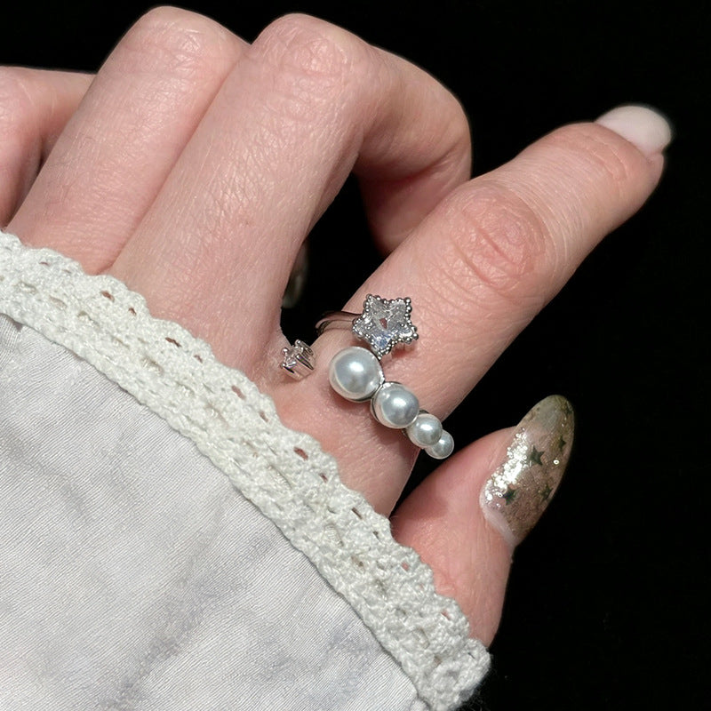 Pearl Shining Diamond Open Female Design High Sense Ring