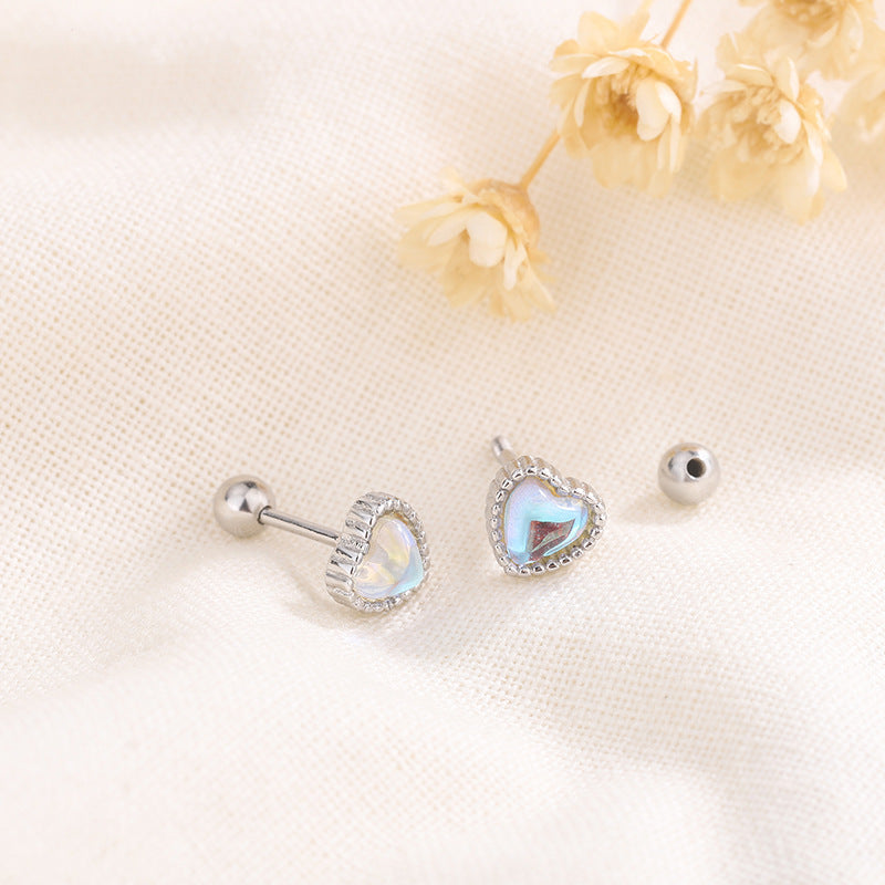 Screw Twist Ear Heart-shaped Moonstone Tightening Stud Earrings