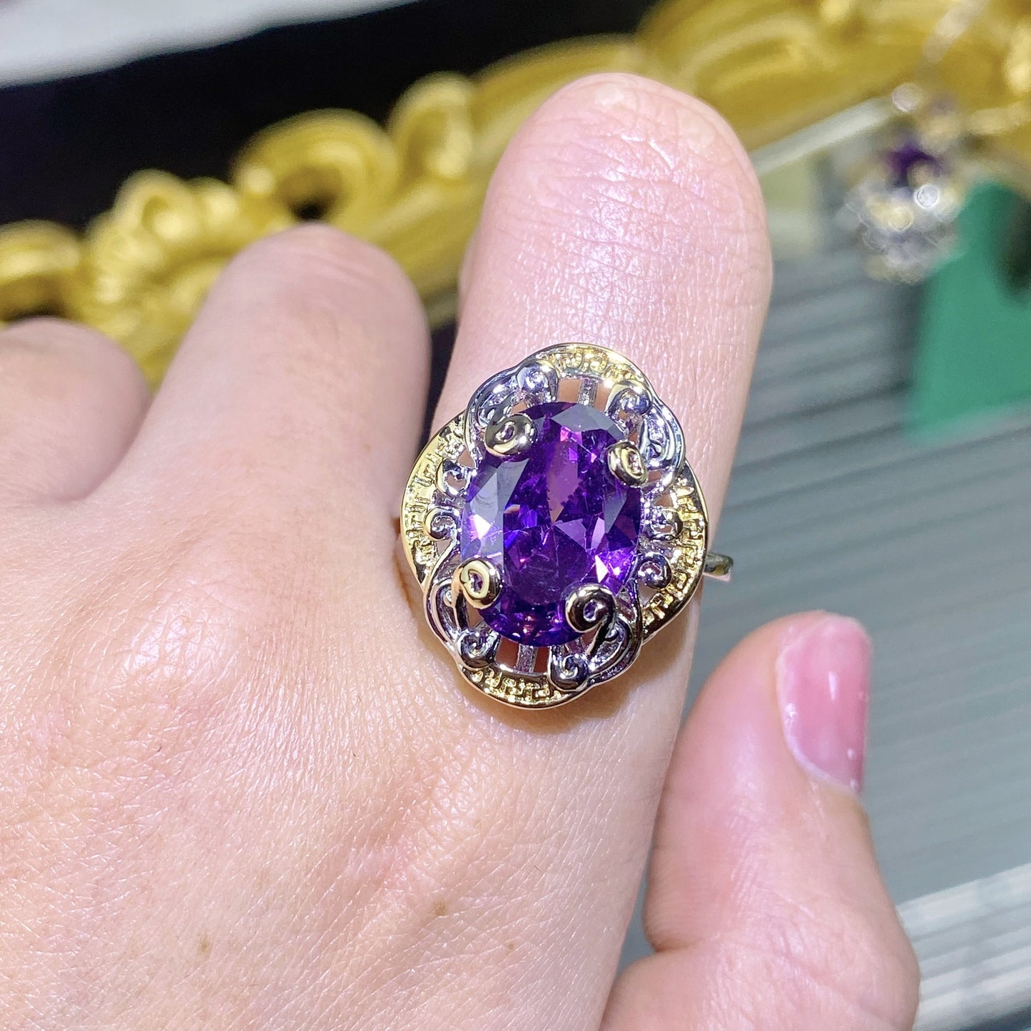 Italian Retro Craft Purple Diamond Gold Amethyst Rings