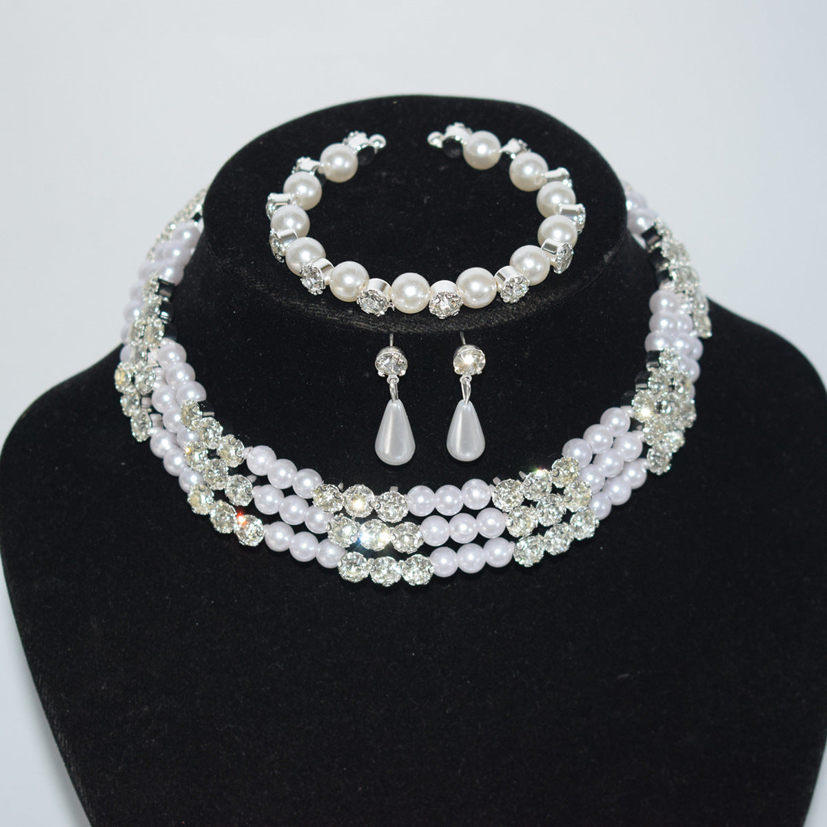 Pearl Diamond Collar Bridal Rhinestone Three-piece Jewelry Set