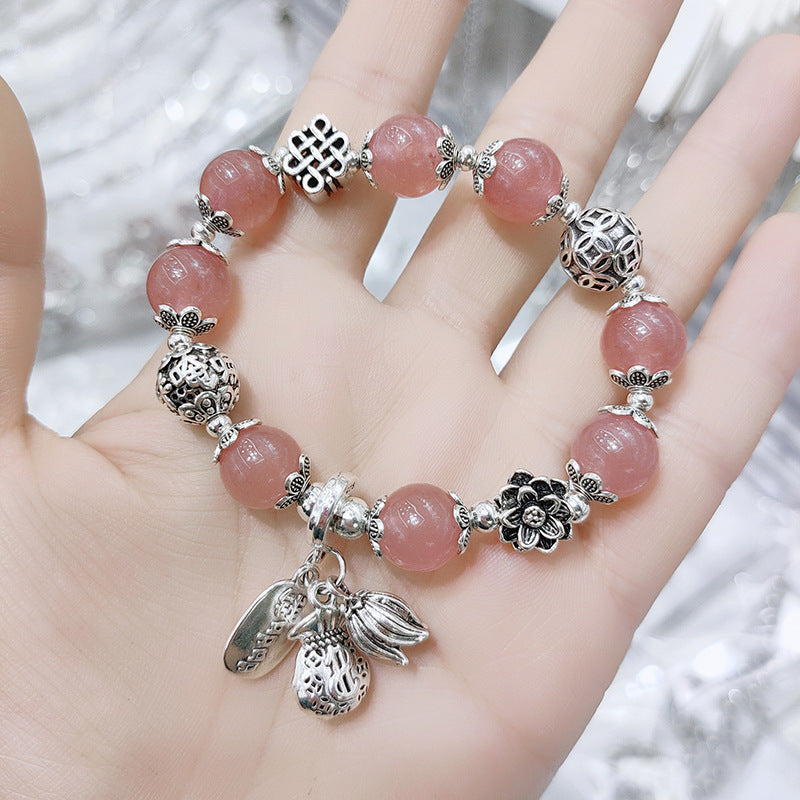 Style Imitation Sier Strawberry Quartz Lucky Cat Auspicious Bracelets