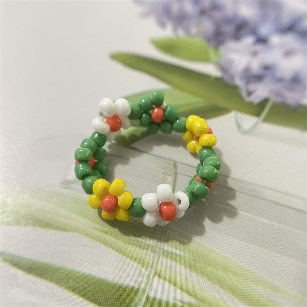Bead Flower Colorful Woven Small Index Finger Female Rings