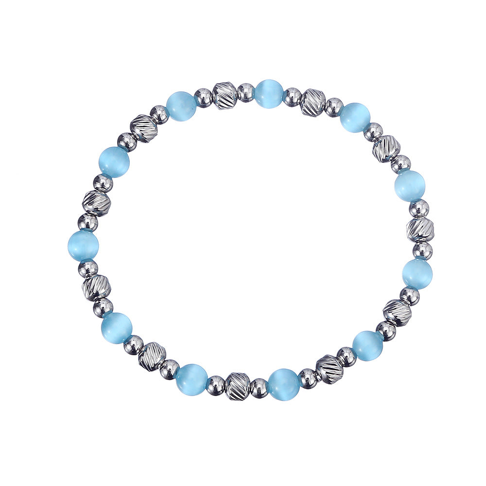 Steel Waterproof Hard-wearing Shiny Opal Round Beads Batch Pattern Elastic Bracelet