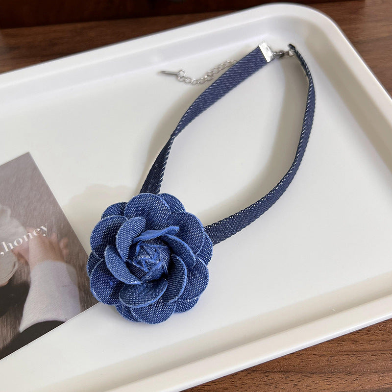 Retro Elegant Three-dimensional Denim Blue Flower Necklaces