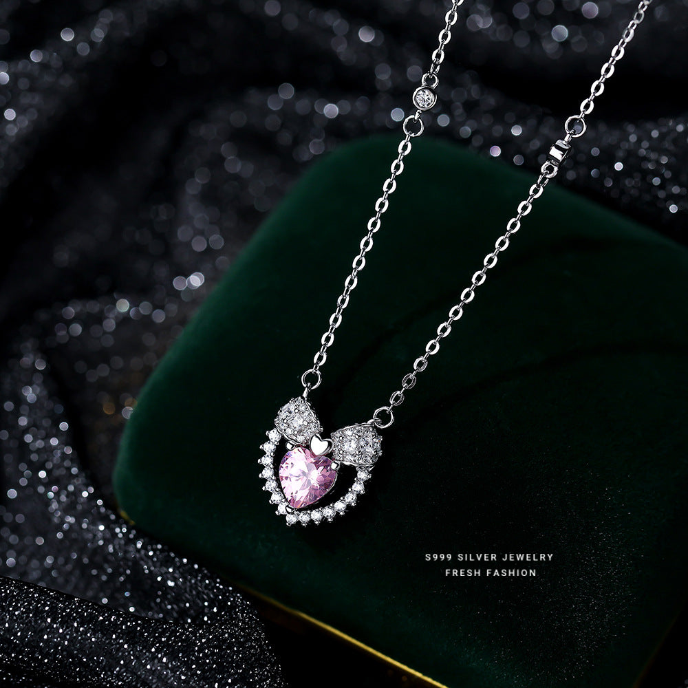 Women's Sterling Sier Pink Heart-shaped Zircon Affordable Necklaces