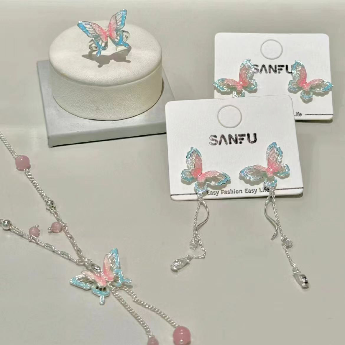Pink Three-dimensional Butterfly Zircon Beaded Tassel Exquisite Rings