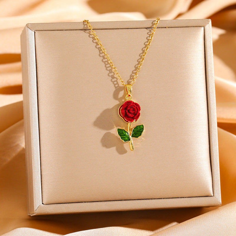 Women's Titanium Steel Rose Full Diamond Light Luxury Temperament Gorgeous Clavicle Necklace