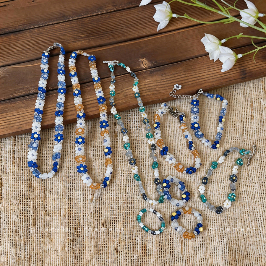 Stainless Steel Flower Beaded High-grade Light Luxury Clavicle Jewelry Set