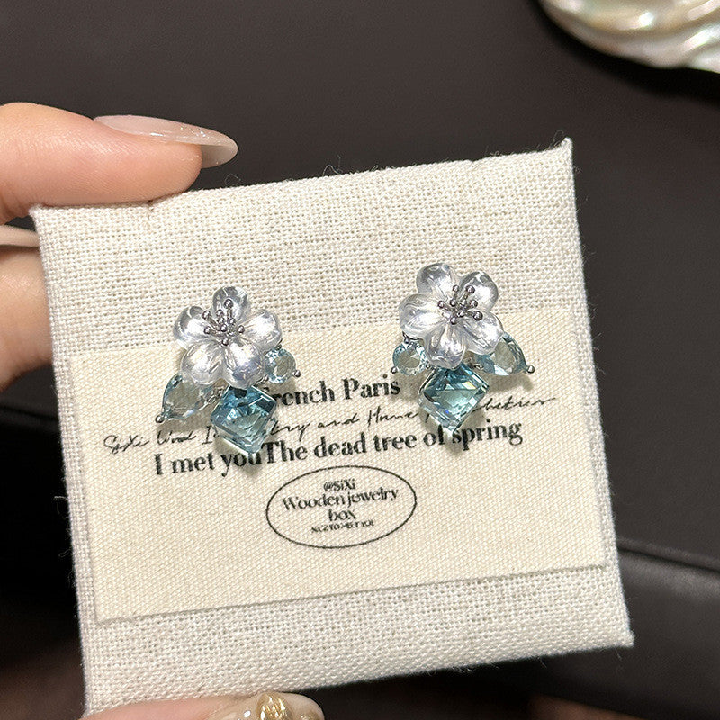 Women's Blue Flower Cube Sugar Rhinestone High-grade Crystal Clear Unique Light Earrings