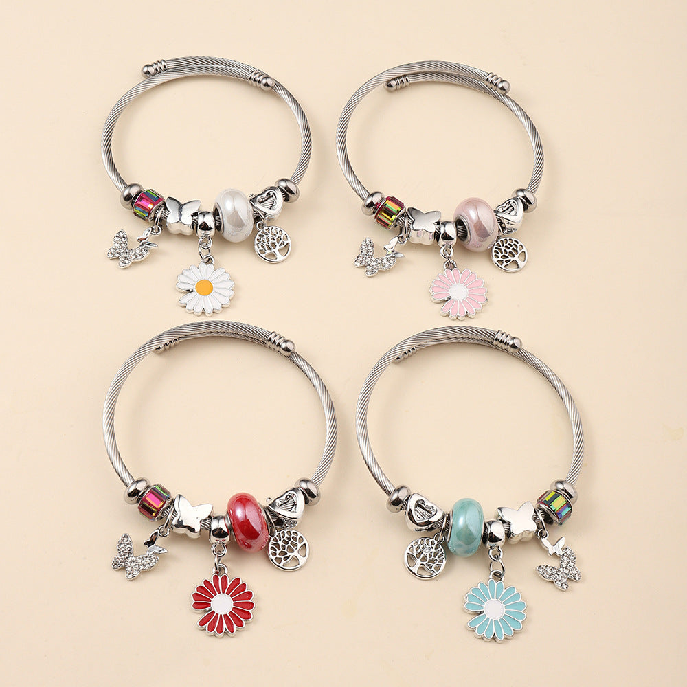 Stainless Steel Titanium Chrysanthemum Sweet Home Bracelets