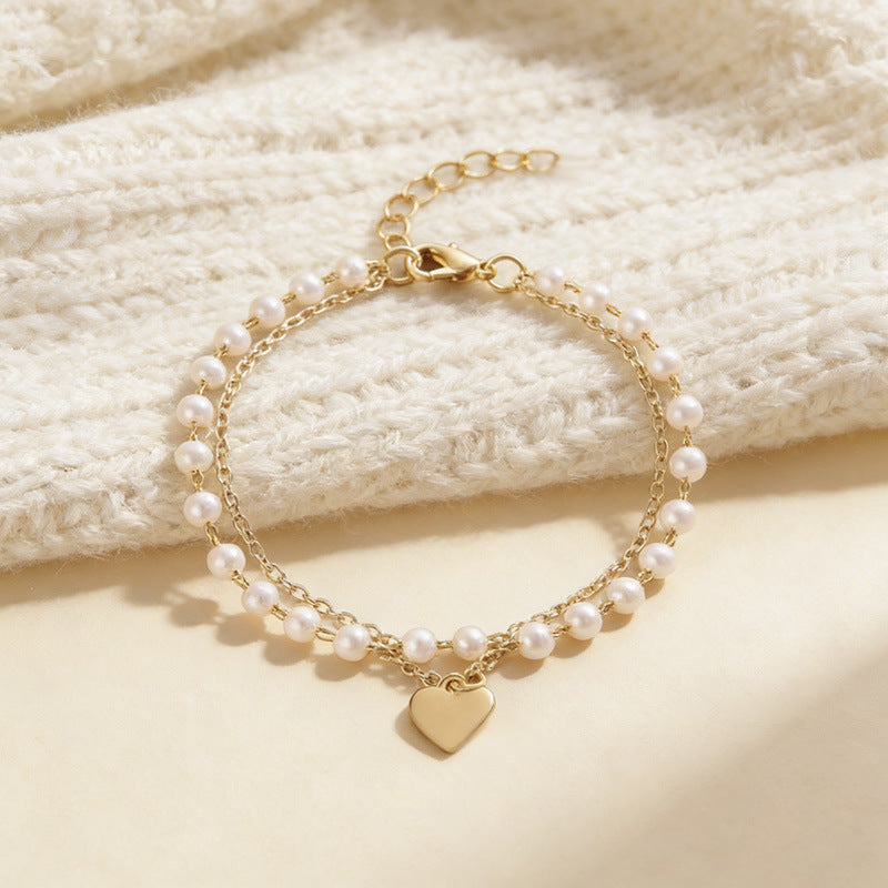 Women's Chain Style Simple Pearl Heart Alloy Bracelets